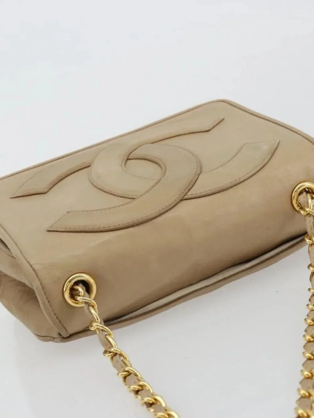 CHANEL Matelasse Chain Shoulder Bag Lamb Skin Beige Gold CC Auth ka4478V